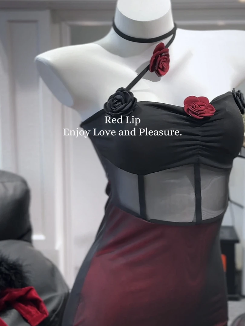 圣诞礼物·禁欲系黑纱红玫瑰·紧身吊带睡裙