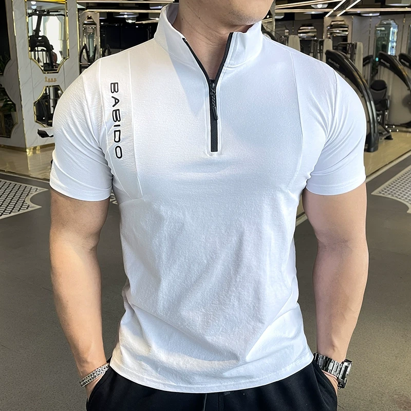 夏季男士户外运动健身跑步透气训练衣服半拉链短袖T恤立领新款男