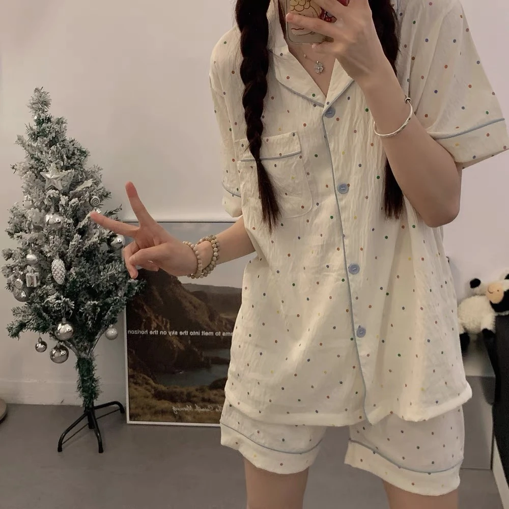 夏季奶呼呼白月光彩色波点短裤短袖睡衣女家居服套装