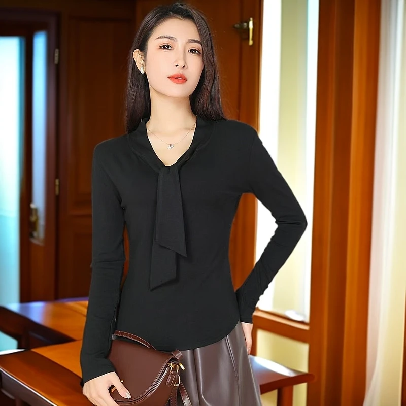 春秋显瘦纯色打底衫黑色长袖上衣修身显瘦百搭气质洋气秋季时尚