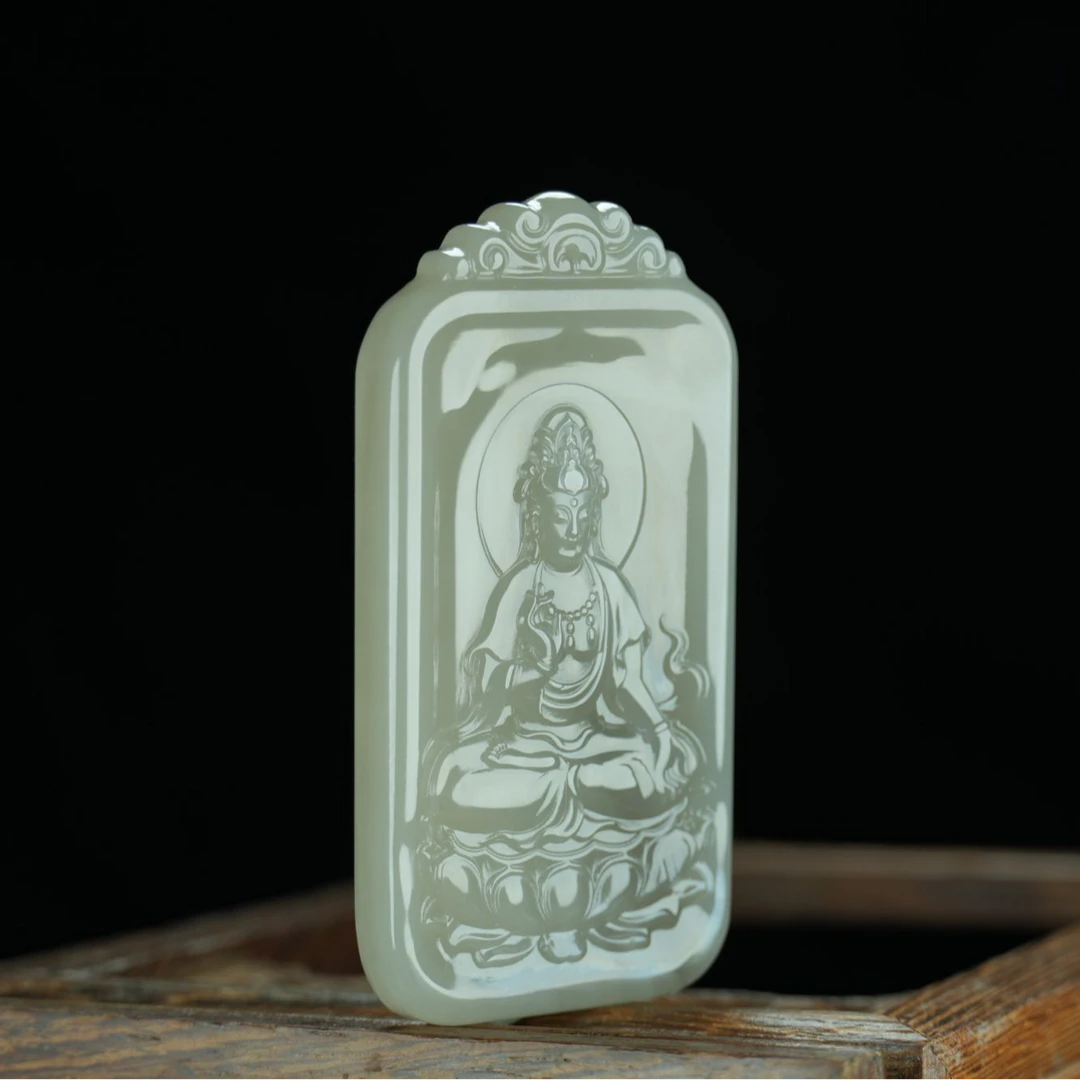 臻品天然和田玉坐莲观音吊坠青海料格尔木冰烟紫稀缺料系男士挂件