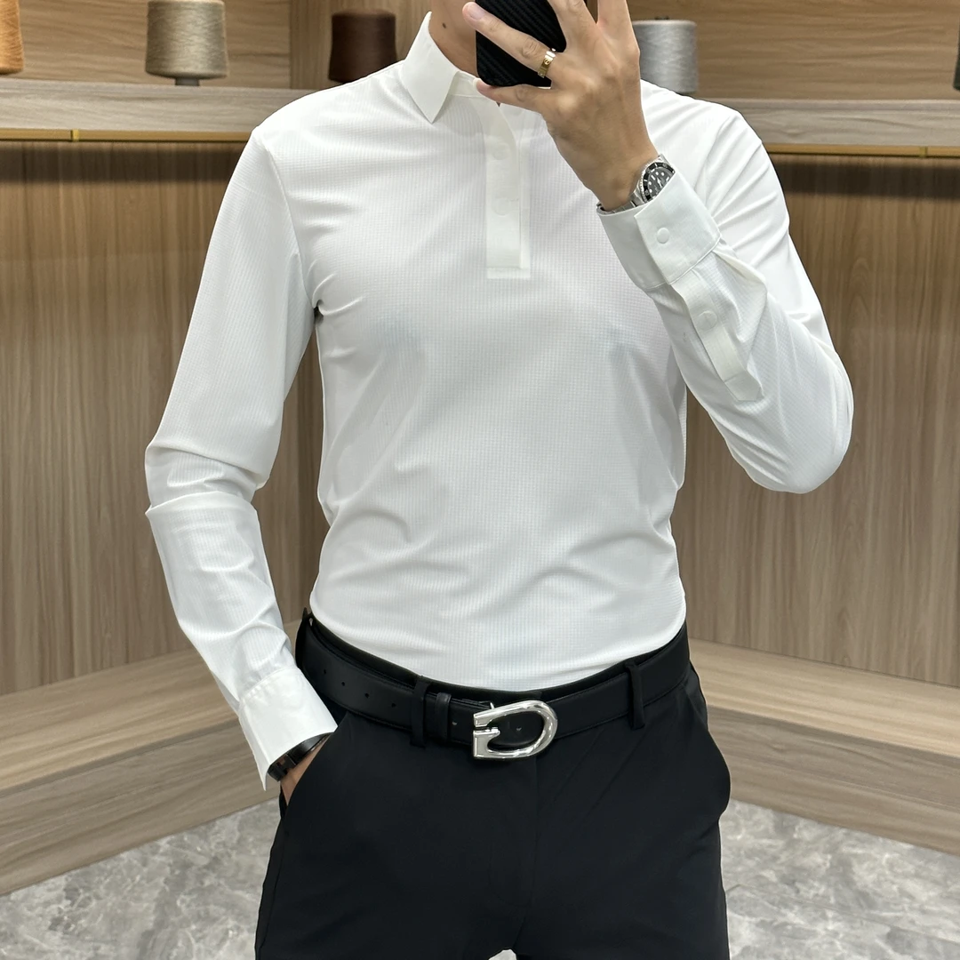 【断码特价】休闲商务高弹舒适百搭轻奢纯色翻领长袖打底秋季6069