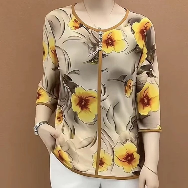 夏季清凉感中老年妈妈装显瘦薄款洋气时尚百搭圆领宽松小衫大码