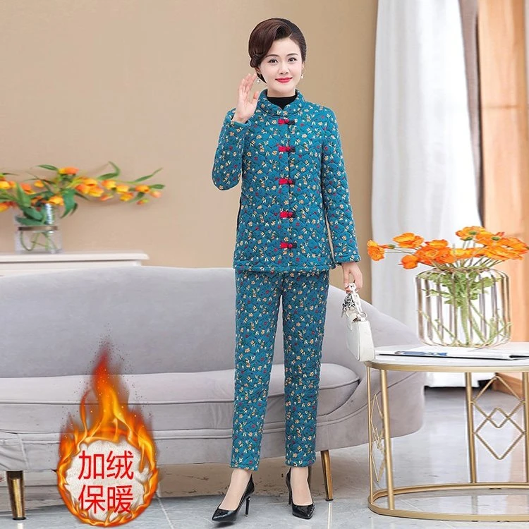 冬季中老年人大码长袖妈妈装民族风加绒加厚保暖棉衣网红新款棉服