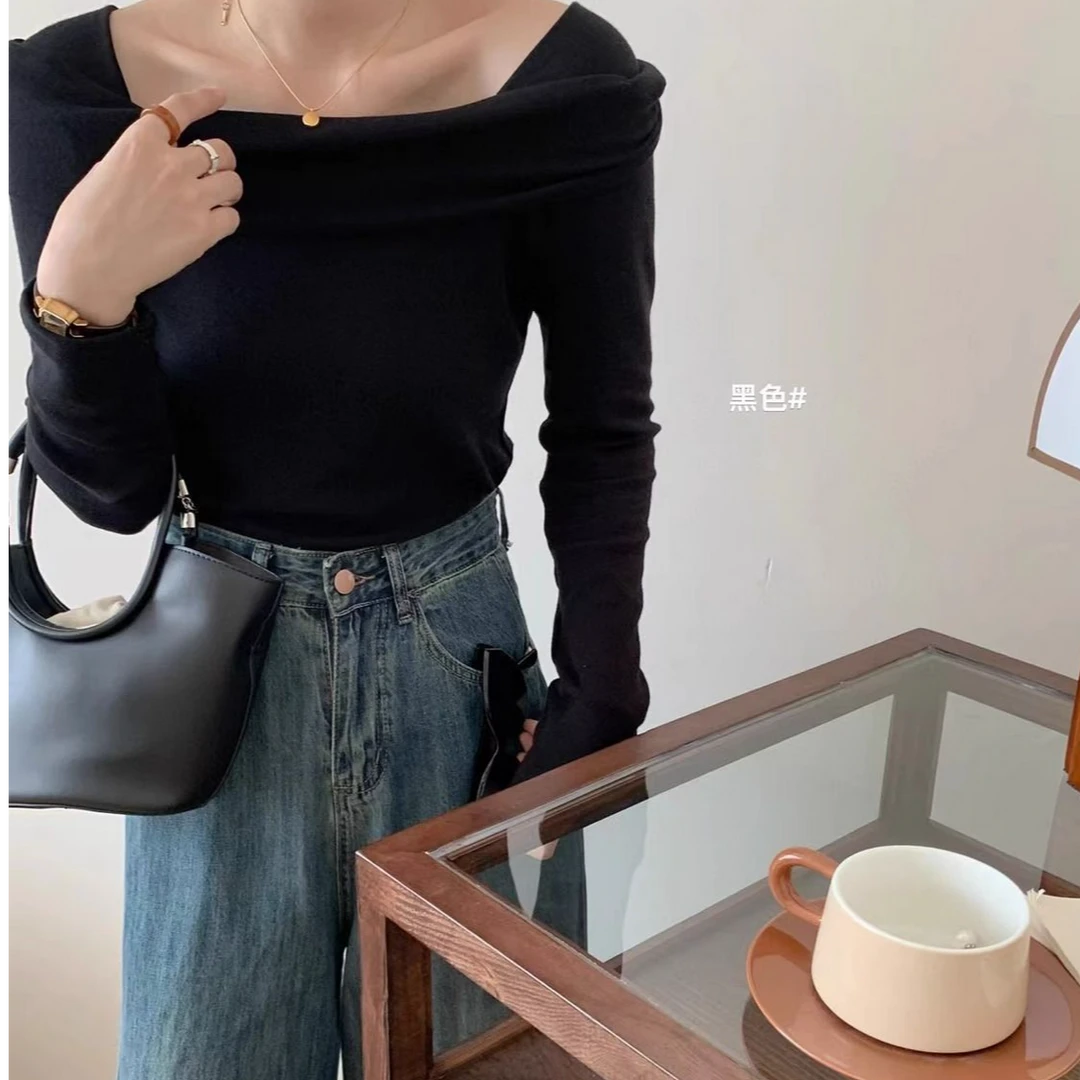 【新款】早秋纯欲辣妹风修身露肩一字领套头长袖打底T恤女上衣ins