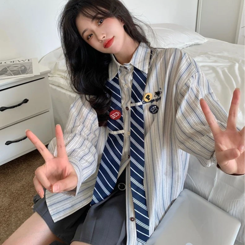 领带条纹衬衫新款学院宽松古着vintage学生衬衣闺蜜装