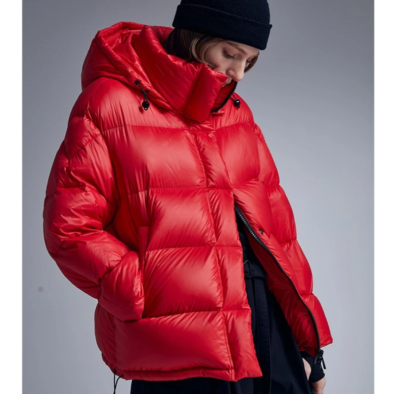 Black&color 时尚加厚连帽宽松欧货红色羽绒服