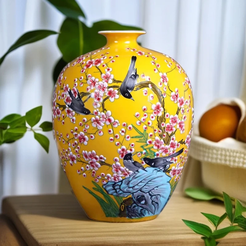 景德镇陶瓷手绘大号粉彩喜上眉梢赏瓶新中式客厅轻奢摆件送礼领导