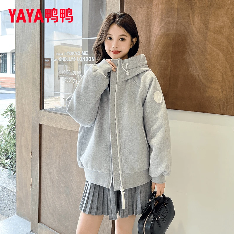 YAYA/鸭鸭时尚百搭休闲女士宽松ins呢子羽绒服春秋季连帽加绒