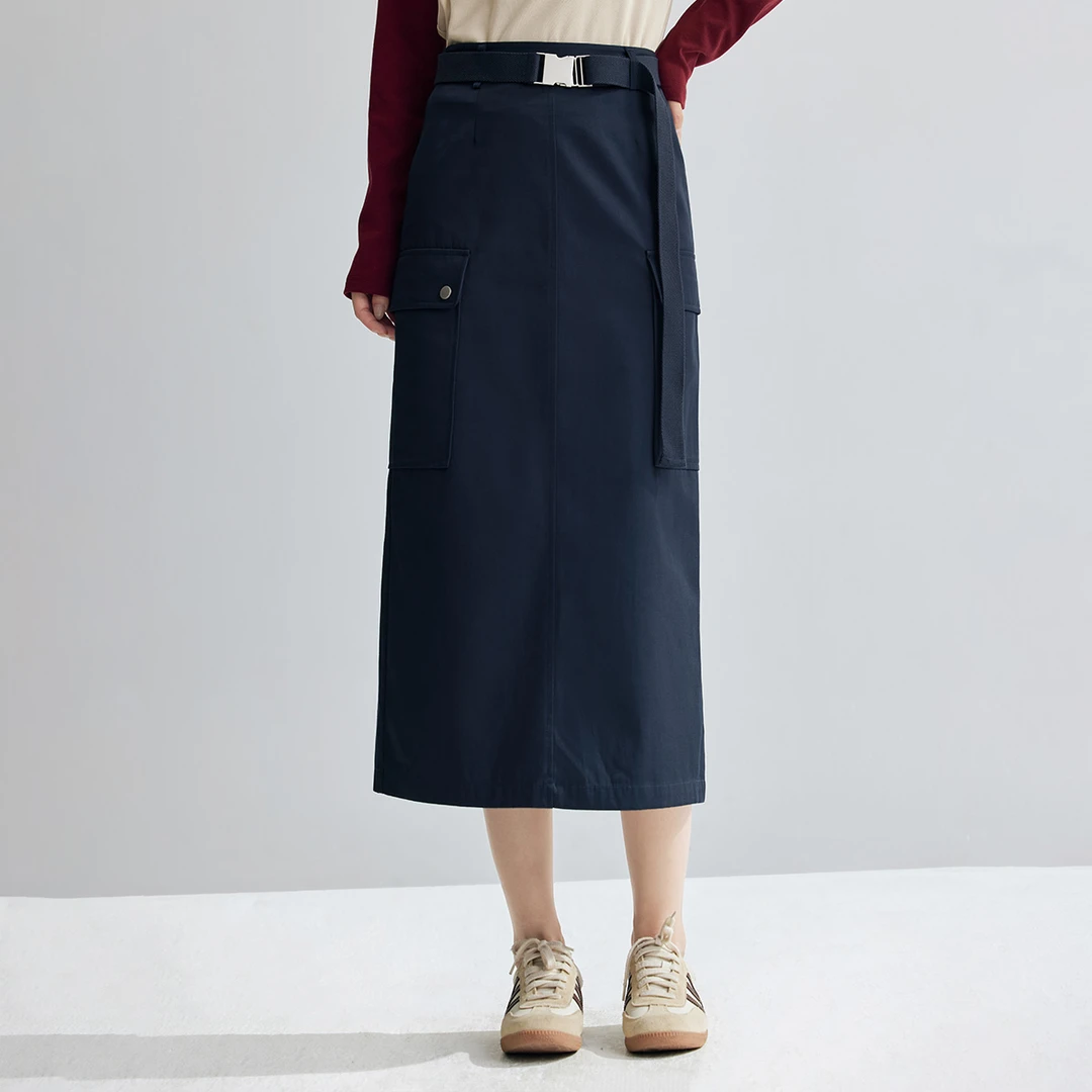 【流光风】茵曼秋季法式微A字半身裙腰带大口袋高腰百搭长裙子