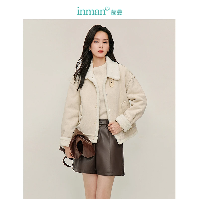 茵曼两面穿皮毛一体羊羔绒外套2025秋季女装新款小个子夹克上衣