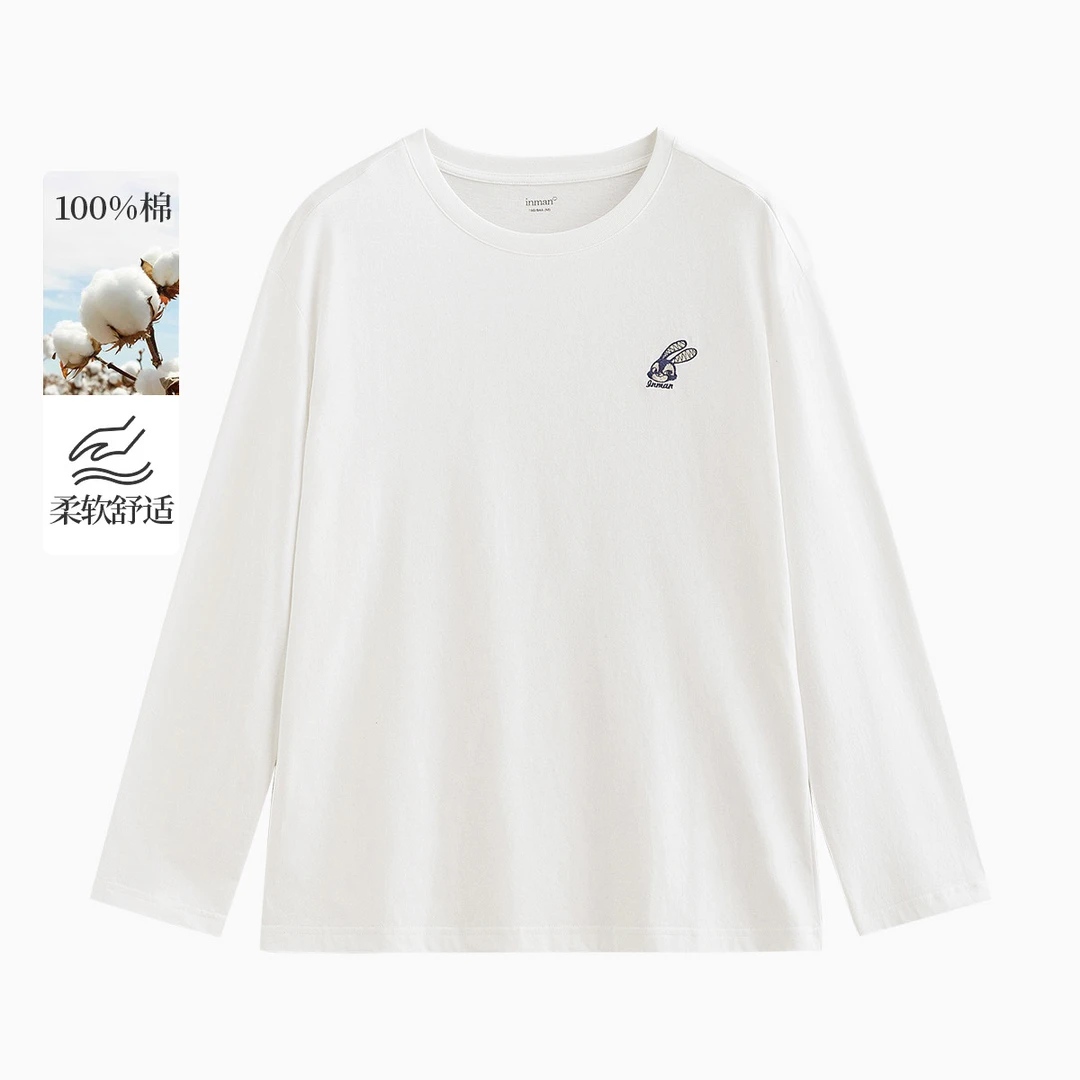 茵曼纯棉舒适趣味绣花白T恤女2025秋季新款宽松舒适休闲百搭上衣