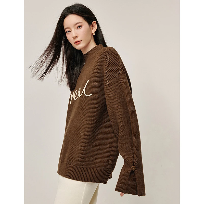 【流光风】茵曼半高领毛衣女时尚宽松开叉套头打底衫针织衫时尚冬装