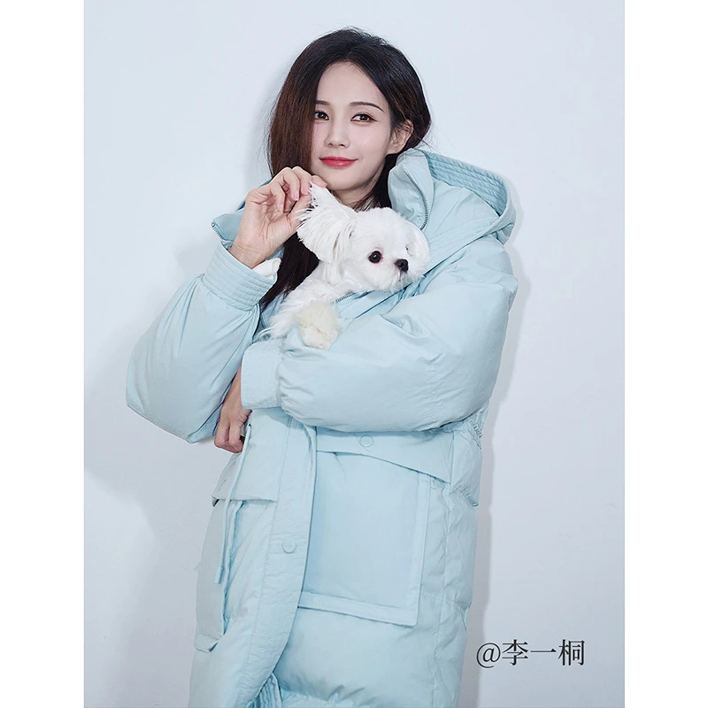 【李一桐同款】茵曼棉纤微皱防钻绒羽绒服冬女连帽抽绳收腰中长外套