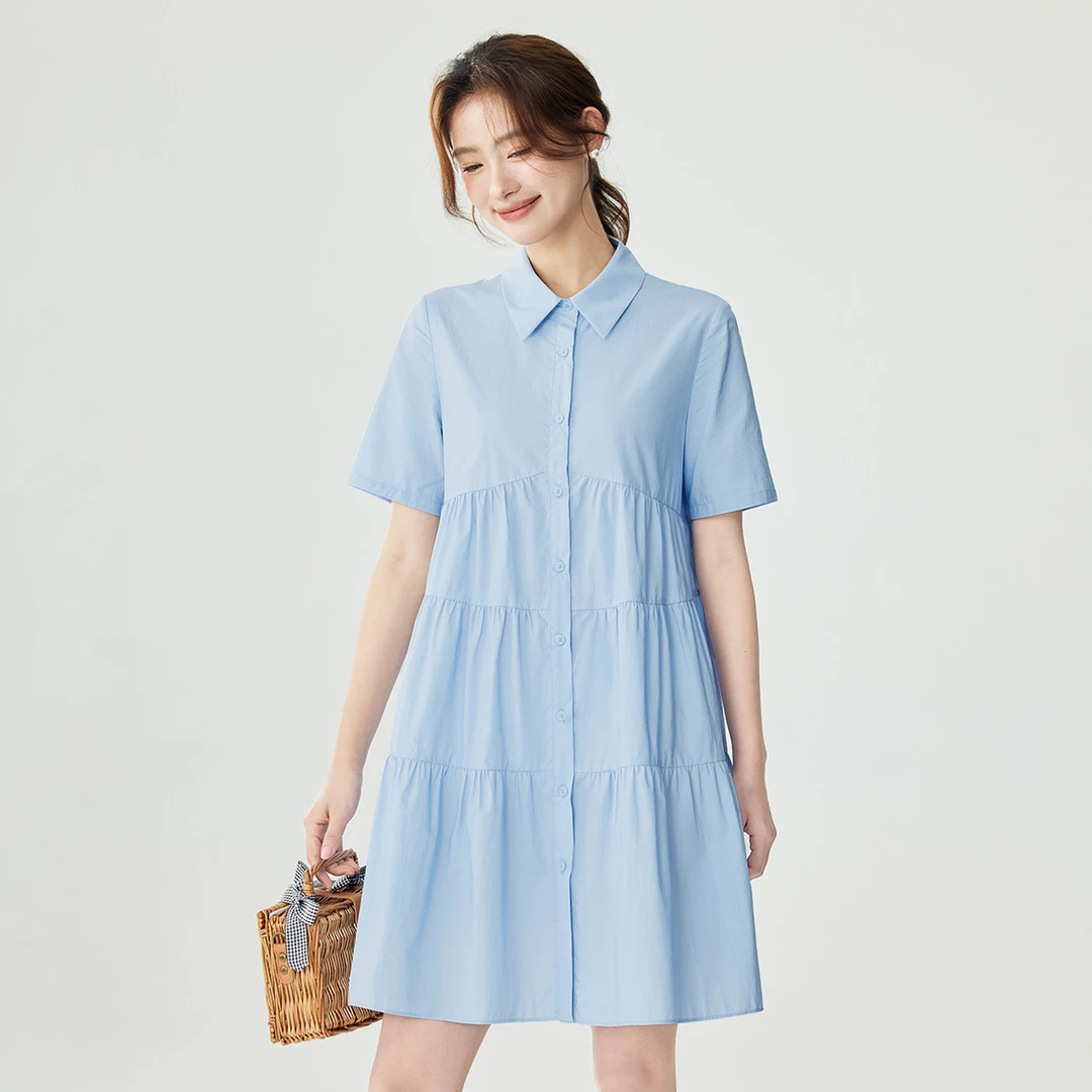 茵曼全棉舒适衬衫式连衣裙女2024夏季宽松小个子学院风A字娃娃裙