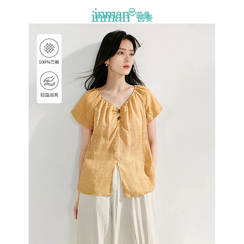 【欧若风穿搭】茵曼夏季清麻系列苎麻炒色衬衫时尚V领泡泡袖开衩衬