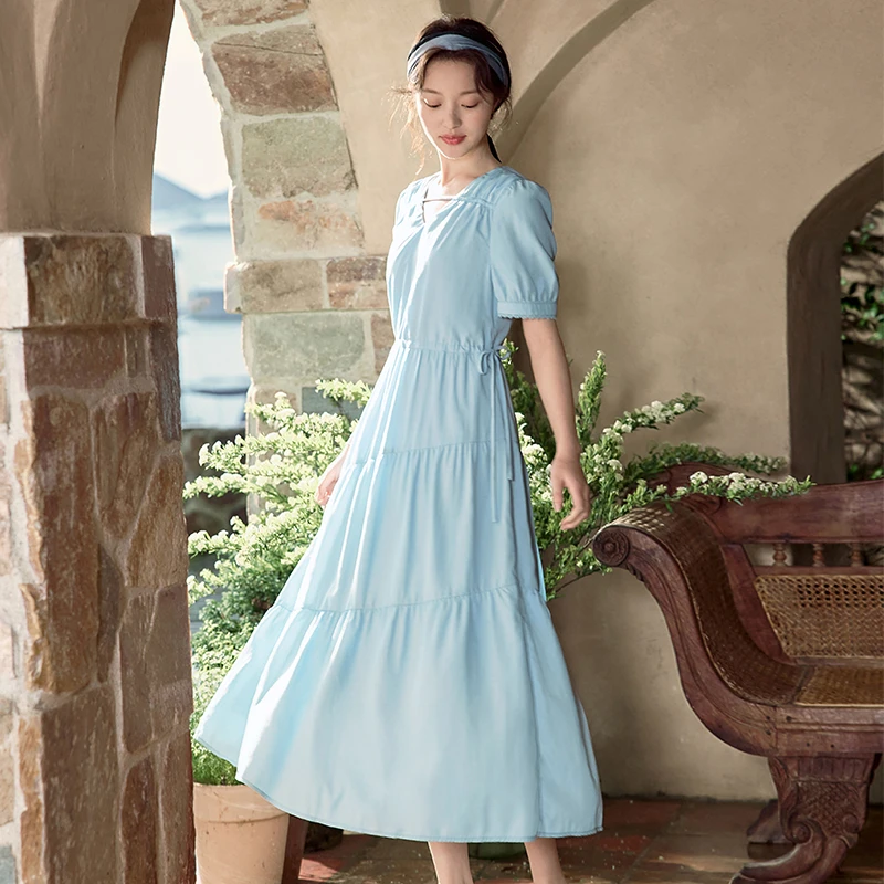 【恋夏穿搭】茵曼法式文艺连衣裙25夏女V领一字带灯笼袖收腰长裙