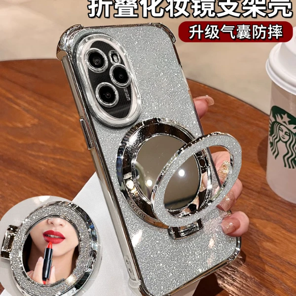 适用于荣耀100pro适用于四角防摔气囊闪粉横竖镜子支架防摔