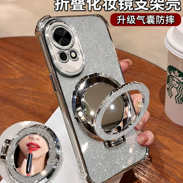 适用于华为nova12pro适用于四角防摔气囊闪粉横竖镜子支架防摔