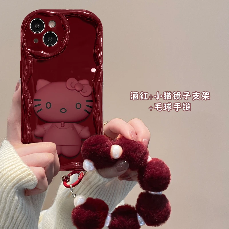 奶油边KT猫毛球手链iPhone14苹果13新款华为/vivo/手机壳镜子支架