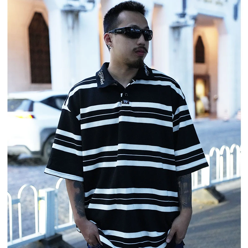 96美式西海岸奇卡诺短袖宽松POLO衫街头潮牌大码刺绣复古条纹T恤