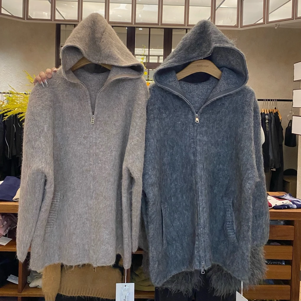 羊毛连帽毛衣外套女秋冬款高级感慵懒风针织衫上衣