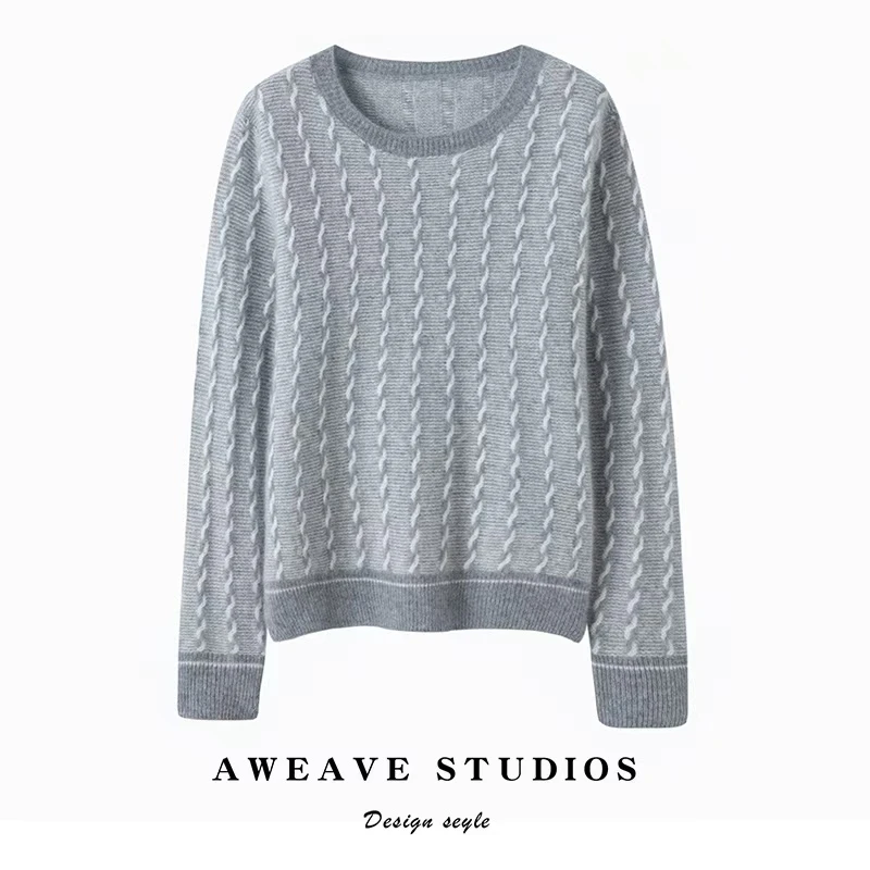 【BC同款】DA牌原版！康赛妮100纯山羊绒衫女圆领扭花拼色百搭套头衫