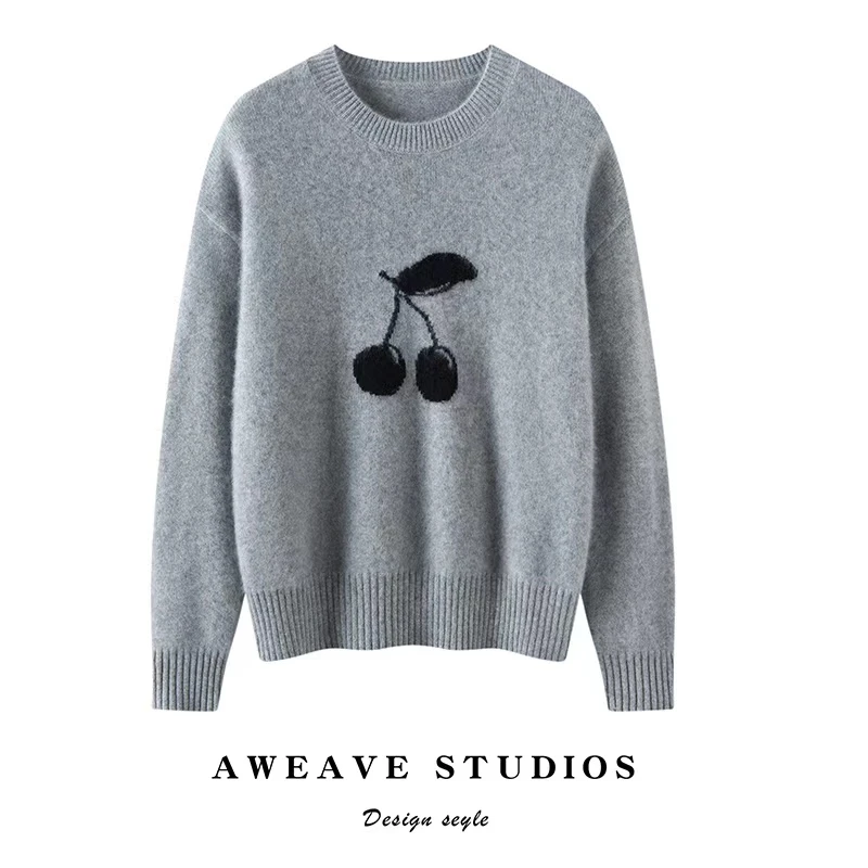 【可盐可甜】秋冬新品100纯山羊绒提花樱桃圆领羊绒毛衣针织衫