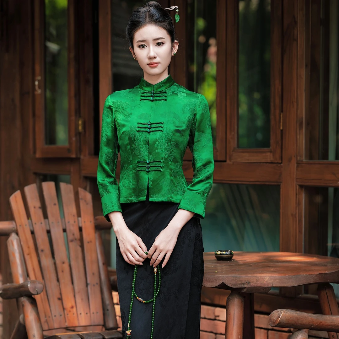 玉家人自制 | 曼谷.桑蚕丝冠乐绉中式改良傣装上衣绿色新年款