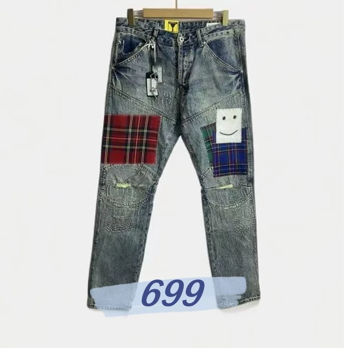 G 5620限量版笑脸补丁机车裤修身小直筒设计师明星同款牛仔裤