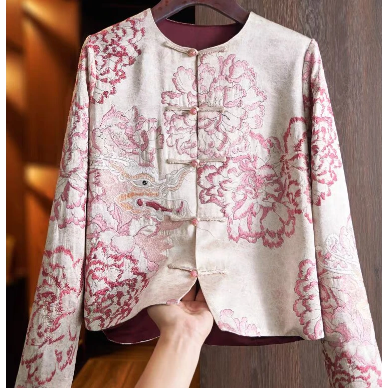 粉色高级感醋酸新中式女士短外套2024新款重工国潮风印花盘扣上衣