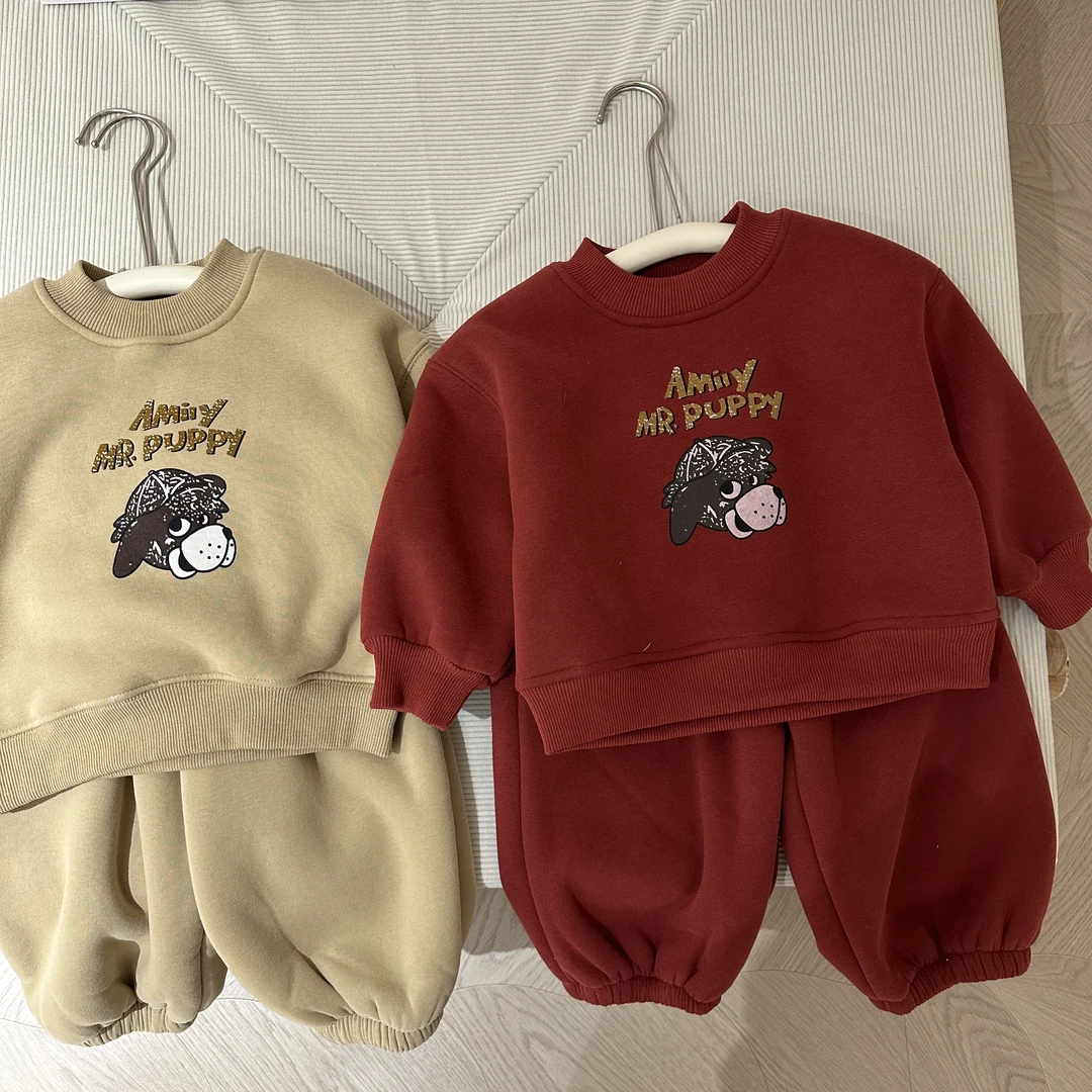 Q383-儿童卡通加绒加厚套装中小童宝宝卫衣两件套