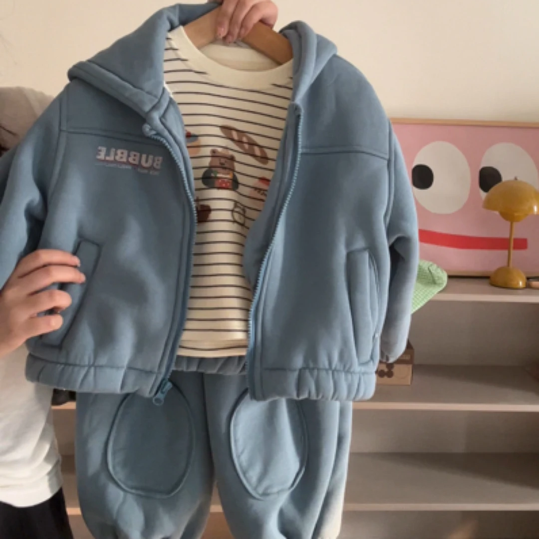 Q926-儿童冬季男童加绒加厚蓝色运动服套装