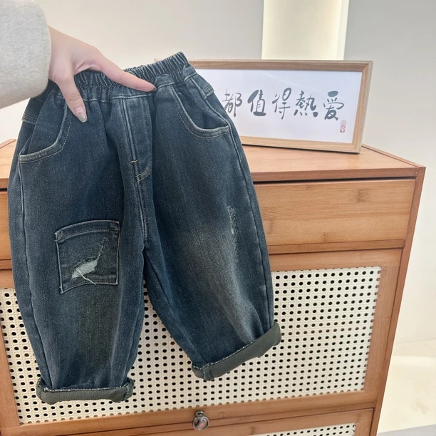 401-儿童冬季加绒老爹裤牛仔裤