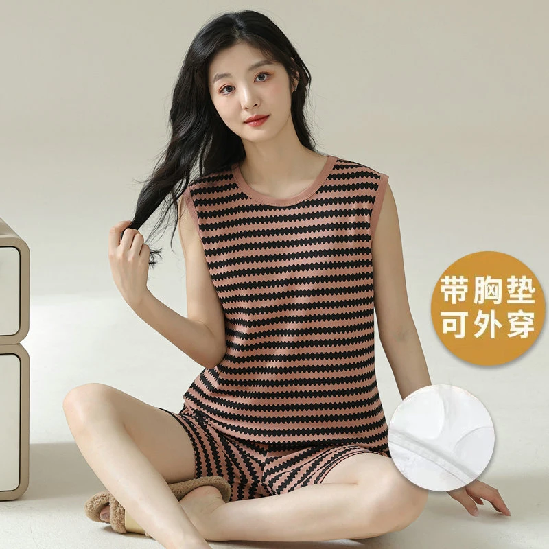 带胸垫一体睡衣女2024新款夏季可外穿无袖韩版背心复古家居服套装