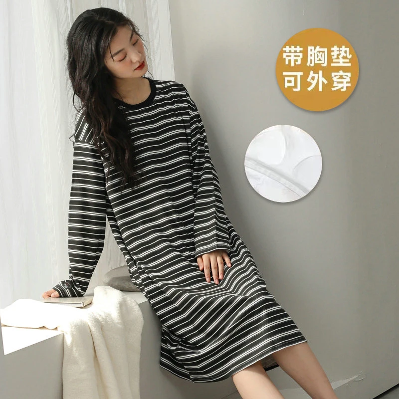 带胸垫一体睡裙女春秋2024新款薄款可外穿韩版睡衣条纹家居服冬季