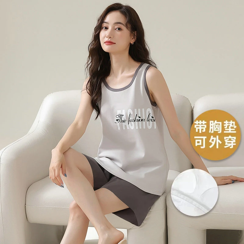睡衣女夏季带胸垫防凸点一体无袖2023年新款简约夏天背心纯色套装