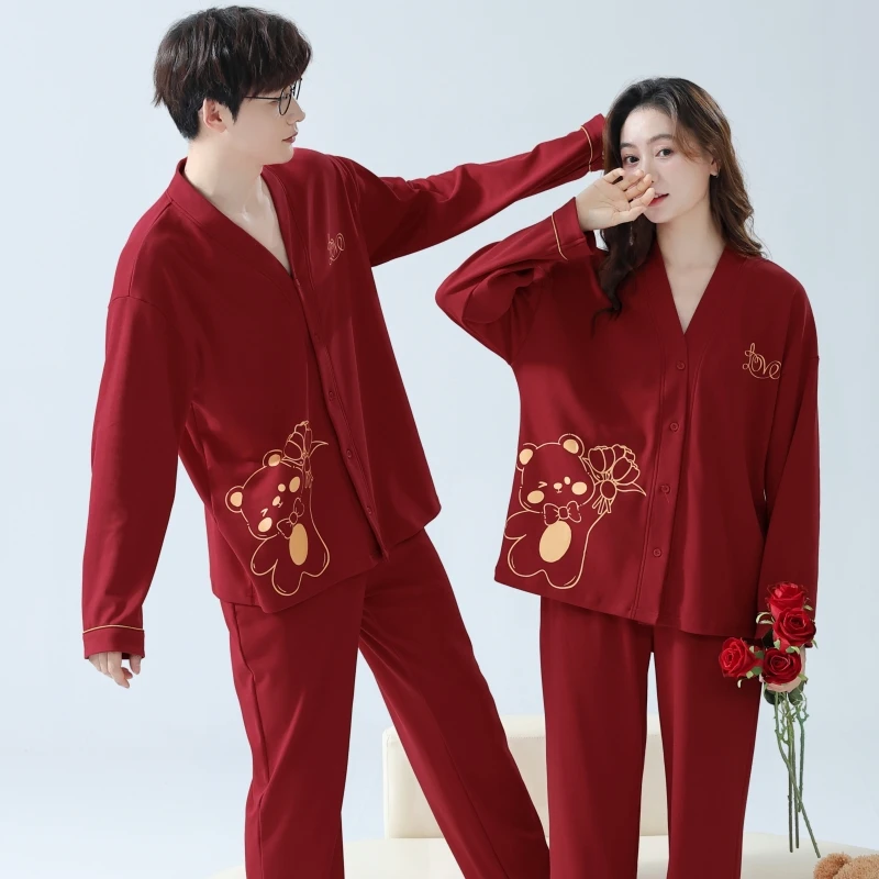 结婚新婚情侣睡衣春秋款大红色本命年卡通喜庆秋冬季小熊男女套装