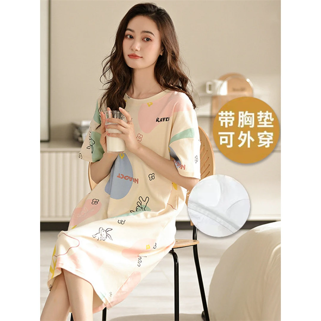 带胸垫睡裙女款夏天一体式卡通大码甜美夏季可外穿睡衣闺蜜家居服