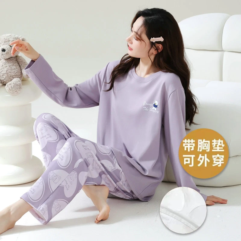 长袖睡衣女春秋带胸垫一体卡通薄款可爱外穿秋冬季韩范家居服套装