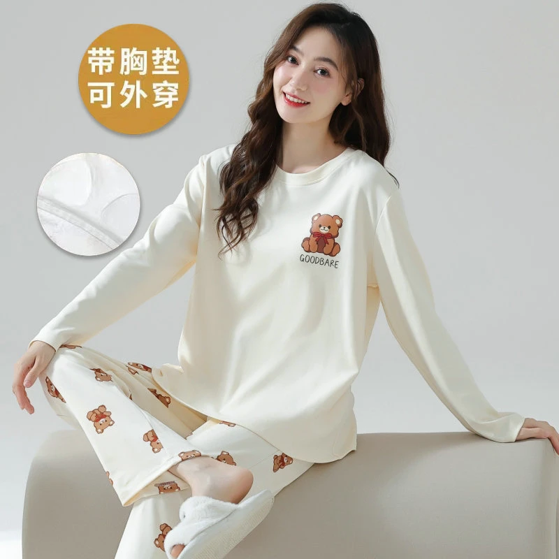 带胸垫睡衣女春秋款一体高级感冬季卡通家居服可外穿小熊网红套装