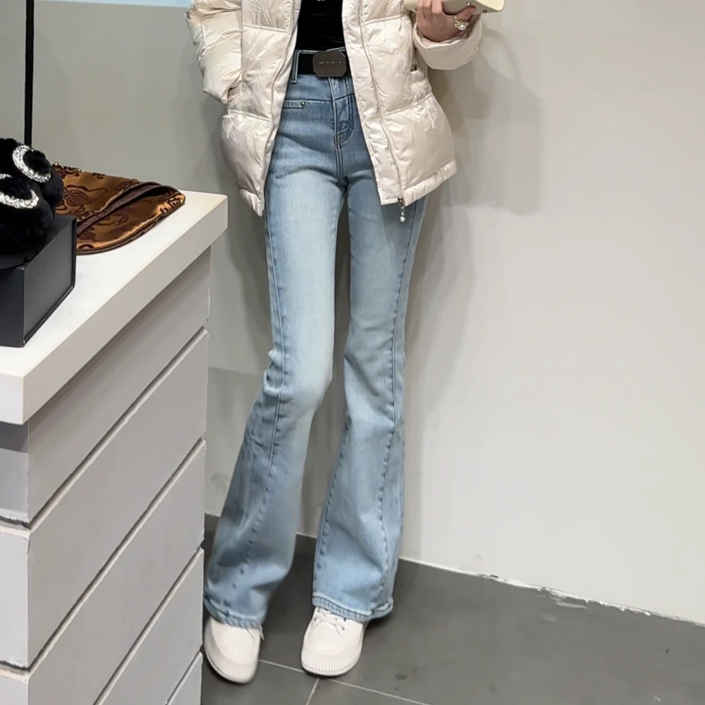 现货新款休闲百搭时尚休闲显瘦加绒加厚喇叭休闲阔腿裤牛仔裤