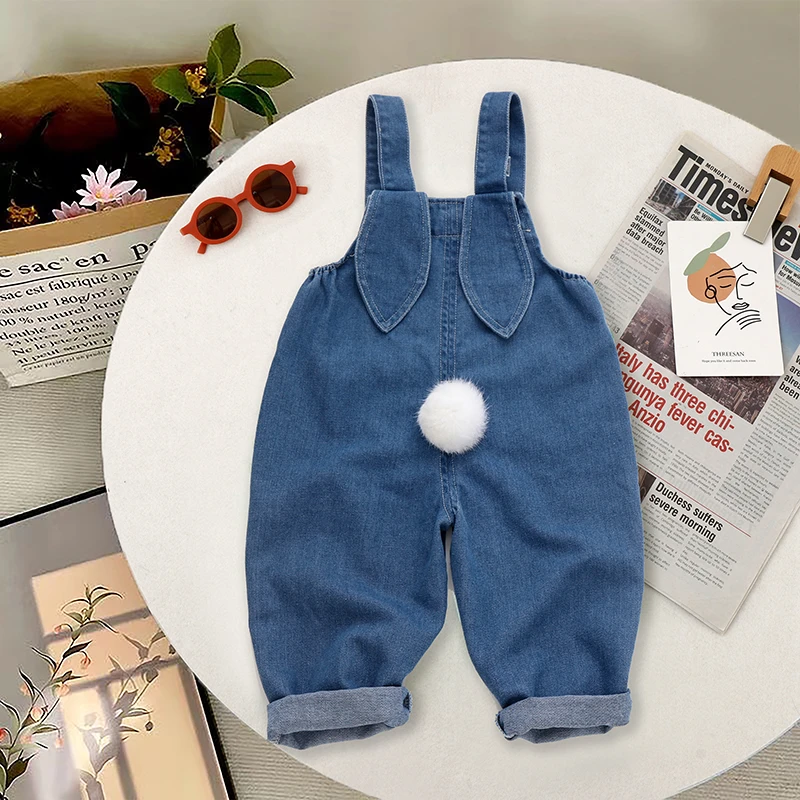儿童牛仔背带裤可爱兔耳朵男童玩偶连体宝宝女童春秋季洋气牛仔裤