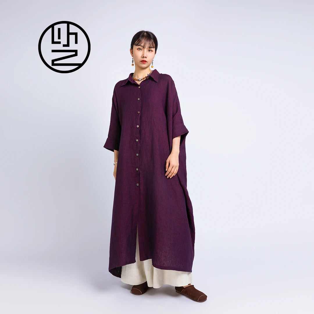 【以之】设计师品牌禅意复古色织亚麻翻领长款大码宽松连衣裙袍子