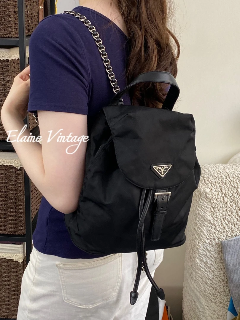 95新 Prada/普拉达 黑色降落伞精致链条包