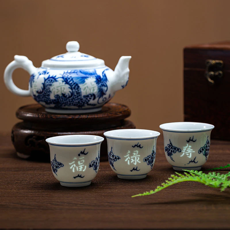 景德镇手绘龙腾虎跃功夫茶具套装青花玲珑陶瓷品茗杯茶壶泡茶杯子