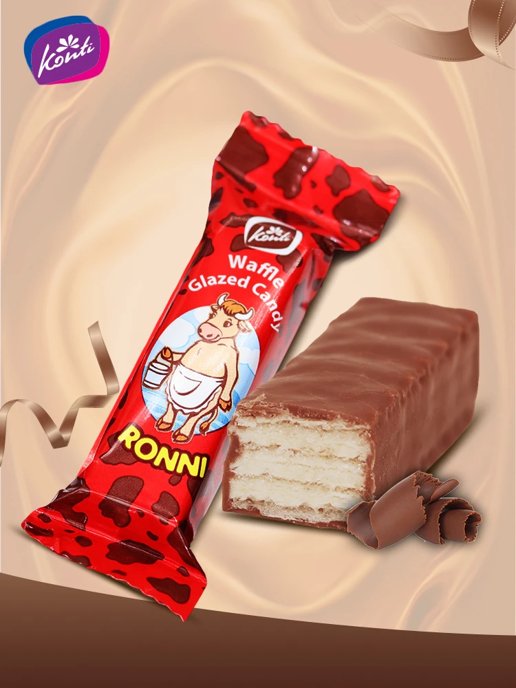 俄罗斯进口威化饼干红罗尼大奶牛巧克力味休闲零食糖果迷你小包装