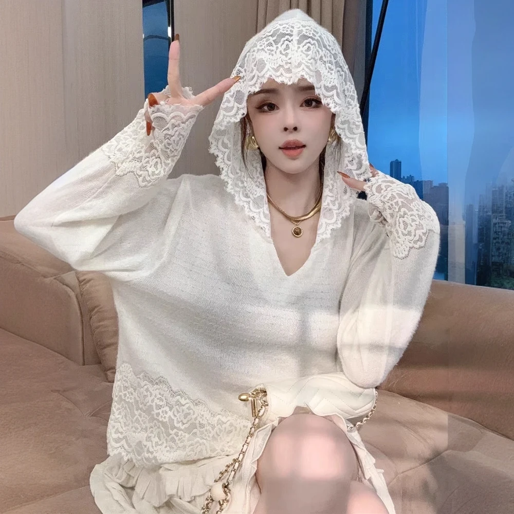 【秋冬内搭】气质百搭连帽蕾丝拼接设计感时尚新款重工勾画针织衫女