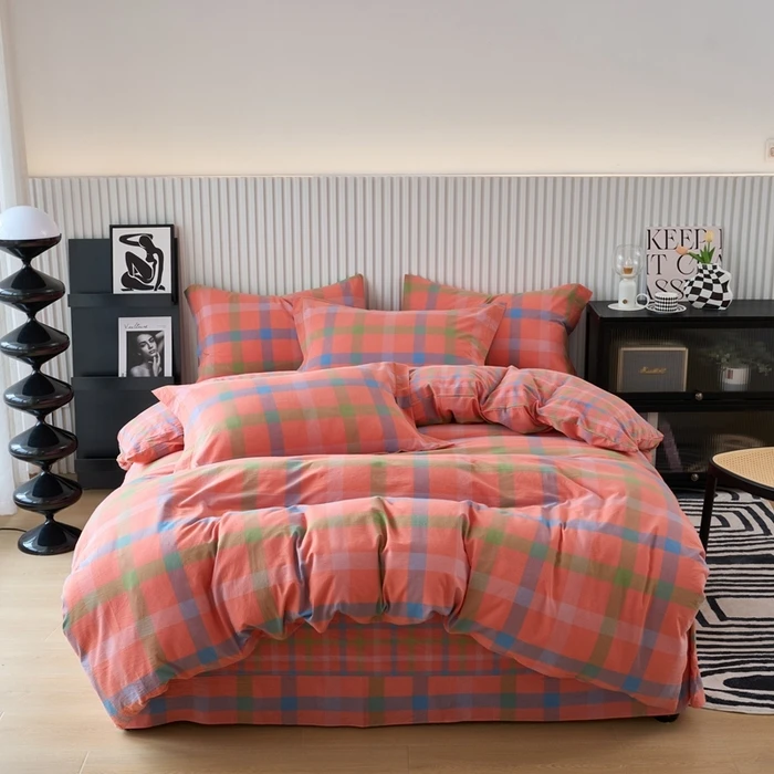 2024新款全棉水洗棉四件套格子全棉色织简约时尚款