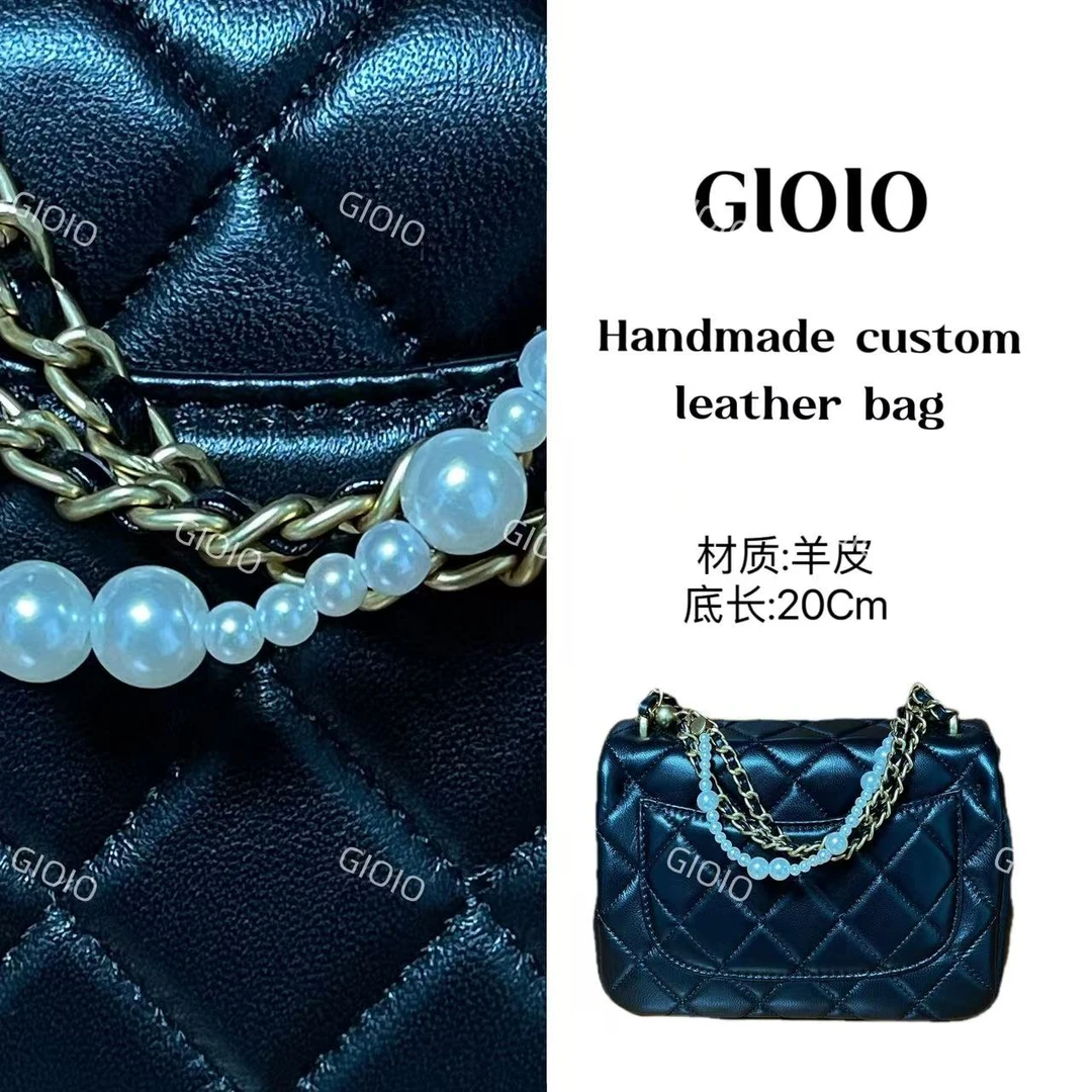 GIOIO手工真皮单肩斜挎包98653-羊-黑-珍珠链方胖子-金扣